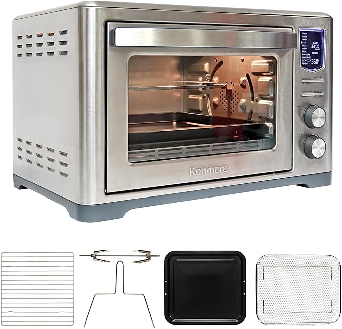 Kenmore Toaster Oven Air Fryer - Fry Chicken, Rotisserie, Bake Bread, Cookie, Pizza Dehydrator Racks Convection Kitchen Appliances 26 Quart Horno Freidora De Aire Stainless Steel
