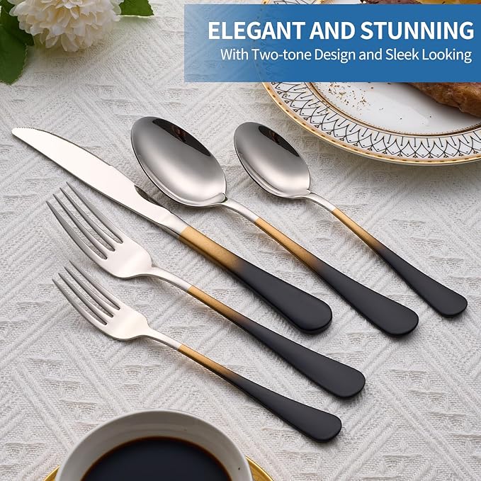 20-Piece Black Gold and Silverware Set, 18/0 Stainless Steel Colorful Handle Flatware Set,Service for 4,Modern Cutlery Set Includes Dinner Knives Forks Spoons,Mirror Polished,Dishwasher Safe