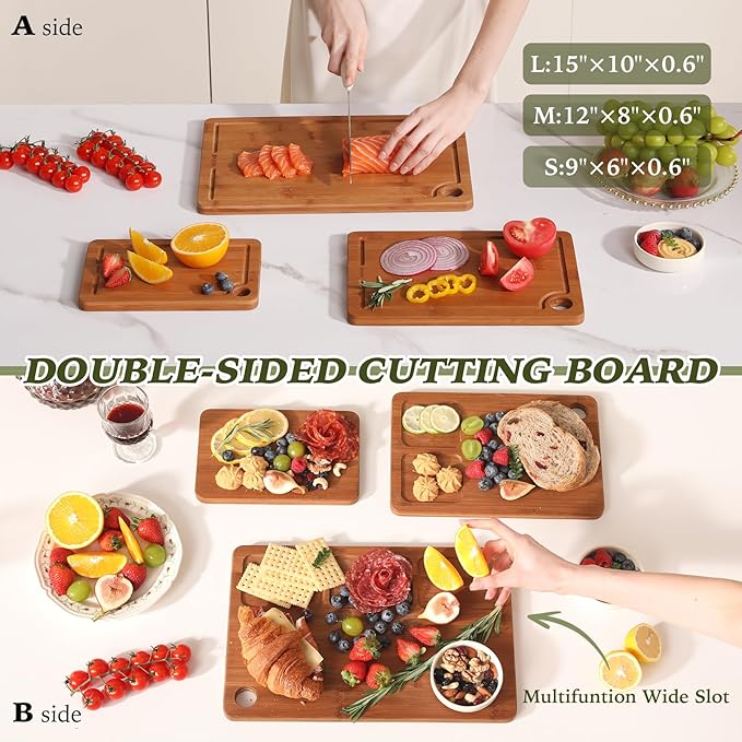 Bamboo Cutting Board for Kitchen, Wooden Cutting Board 3-Piece Set with Non-Slip Mat Deep Juice Groove and Built-In Handles, Wood Cutting Board for Meat Vegetables Fruit Ideal Gift for the Home