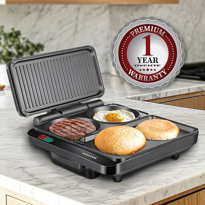 OVENTE Sandwich Maker and Hamburger Grill Machine with Non-Stick Griddle and Griller Plate, 1000W Electric Multipurpose Breakfast Station for Sandwiches, Burgers, Egg Muffin & Pancakes, Black HMG111B