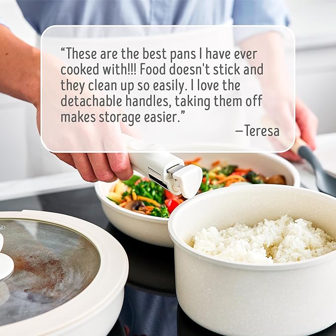 GreenLife 10 Piece Nonstick Pots & Pans Set, Detachable Handle & Stackable Cookware Set, Non Toxic PFAS-Free Skillets, Induction Kitchen Pans, Space Saving, Serving Bowls, Oven Safe, Speckled Cream