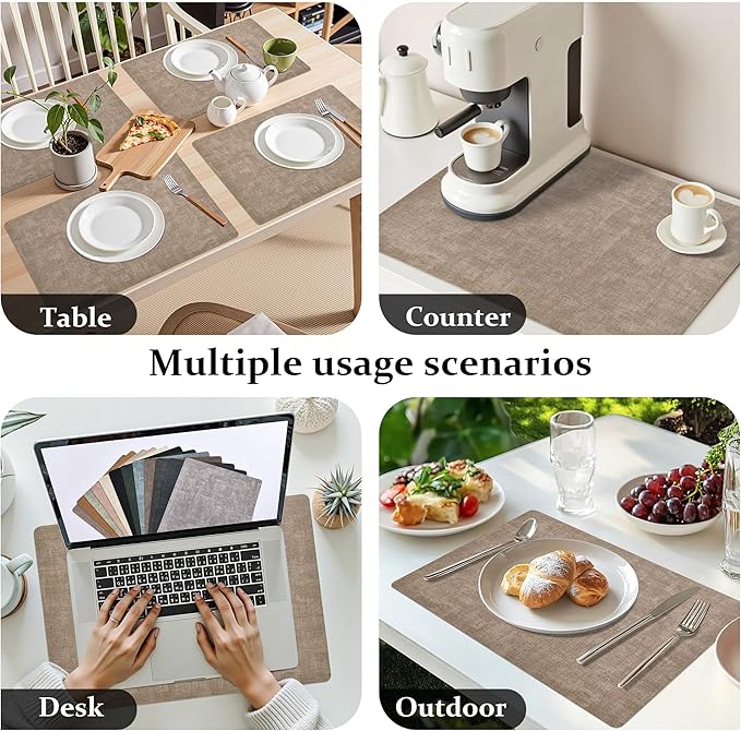 FROMHEART Faux Leather Placemats Set of 4–Waterproof,Heat/Oil Stain-Resistant PU Table Mat–Reversible,Non-Slip,Easy to Clean Place Mats for Kitchen,Dining,Indoor/Outdoor,(Light Coffee,11.8" x 17")