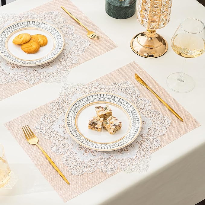 BACKTOEDEN Placemats Set of 4 Heat Resistant Washable Wipeable Placemat Woven Non-Slip Foldable Vinyl/Plastic Place Mats Indoor/Outdoor Mat Kitchen Dining Table Pad, White Snowflake & Pink