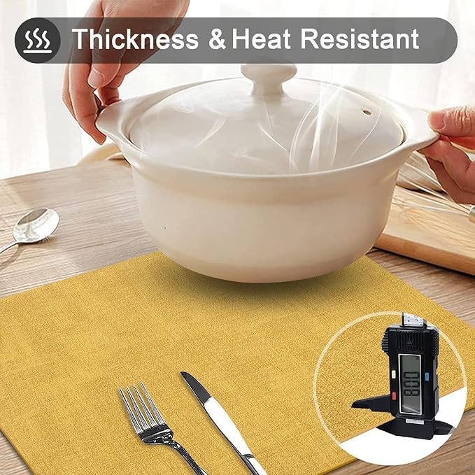 homing Faux Leather Heat Resistant Placemats 8 Packs, Waterproof Wipeable Dining PU Place Mats for Indoor & Outdoor, Easy to Clean, Yellow
