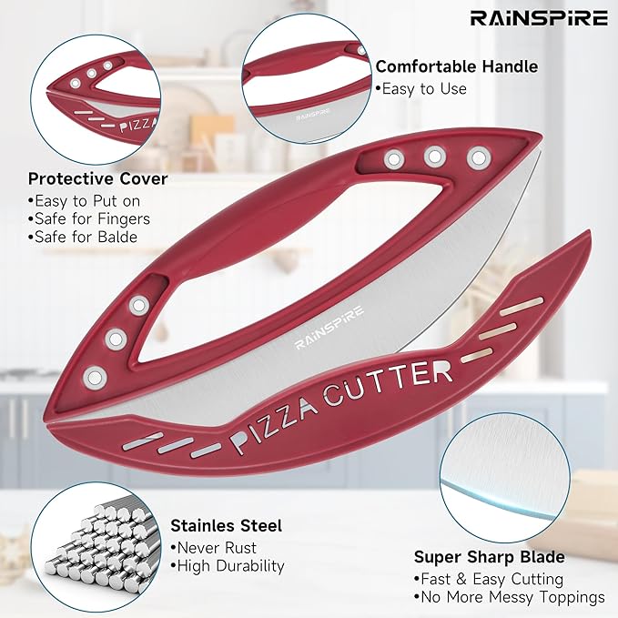 Rainspire 12" Pizza Cutter Rocker Blade Stainless Steel Pizza Rocker with Cover Sharp Blade Pizza Knife Dishwasher Safe Kitchen Gadgets Home Essentials, Red