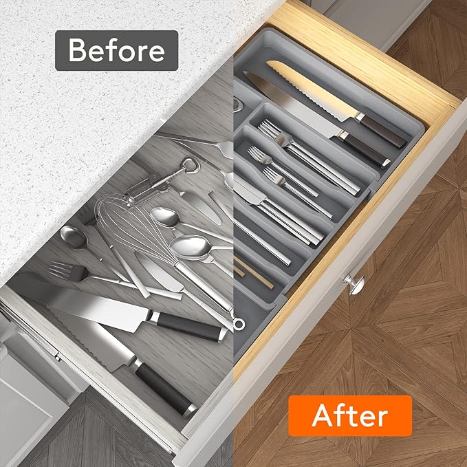 Lifewit Silverware Drawer Organizer, Expandable Utensil Tray for Kitchen, BPA Free Flatware and Cutlery Holder, Adjustable Plastic Storage for Spoons Forks Knives, Large, Grey