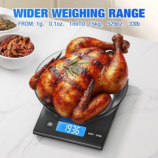 Rechargeable 304 Stainless Steel Kitchen Scale, Diyife 33lb Digital Food Scale with LCD Display, Batteries and Type-C Charging, for Meal Prep, Cooking, Baking (Black)