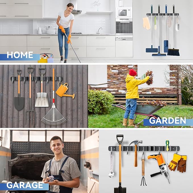 ZONGOOL 4 Racks and 5 Hooks Broom Holder Wall Mount Mop Hanger Wall Mount Metal Organization Tool Organizer Wall Hanging for Home Kitchen Garden Laundry Garage (Black)