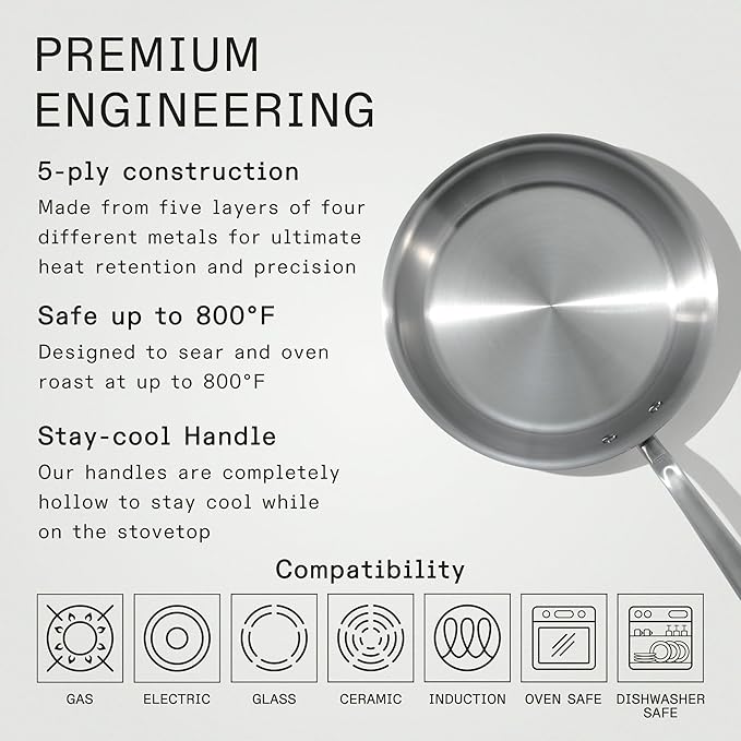 Made In Cookware - 10 Piece Stainless Steel Pot and Pan Set - 5 Ply Clad - Includes Stainless Steel Frying Pans, Saucepans, Saucier and Stock Pot W/Lid - Professional Cookware - Crafted in Italy