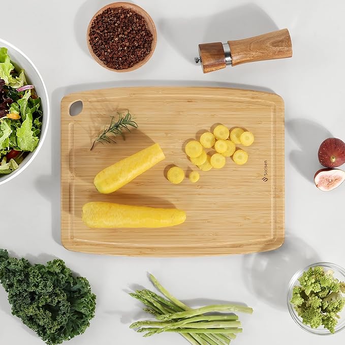Lightweight Durable Bamboo Cutting Board with Non-Slip Feet, Non Toxic Wooden Cutting Board for Kitchen Heat-Resistant Chopping & Charcuterie Board with Juice Groove Kitchen Essentials for Meat
