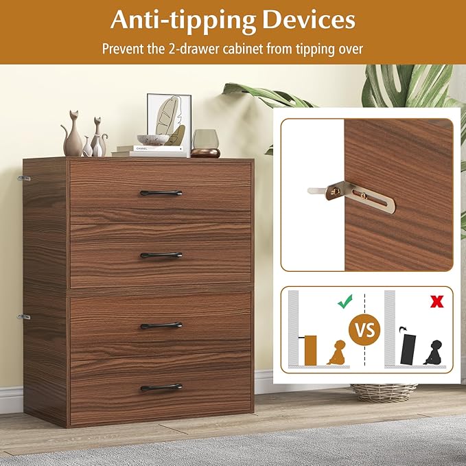 Giantex Stackable 2-Drawer Dressers for Bedroom - Short Dresser Two Drawer Storage Cabinet w/Handles & Anti-Topping Device, Small Dresser Chest of 2 Drawers for Closet Bedroom (2, Walnut)