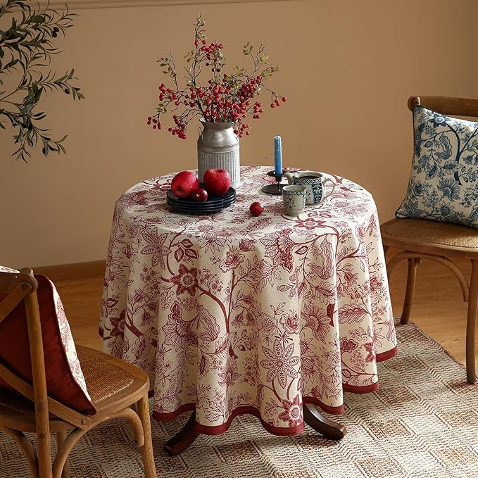 French Tablecloth for Round Tables,Linen Table Cloth with Red Flowers Pattern,Heavy Durable Table Cover for Dining Thanksgiving Kitchen Decor Party Christmas, Diameter 55"