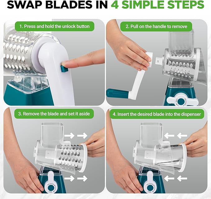 Nutrichef 3 in 1 Cheese Grater & Shredder | Strong Suction Base, Rotary Handle with Safety Lock | Includes Hand Crank & 3 Drum Blades for 3 Textures, Fine, Medium & Strips | Green