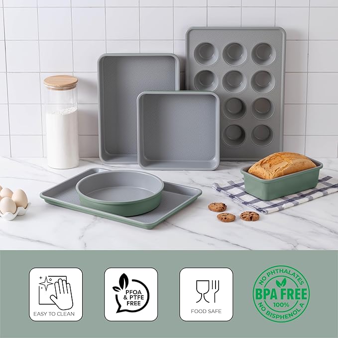 Country Kitchen Nonstick Stackable Bakeware Set - Durable, Easy Release Baking Set, Sage, 6 Pcs