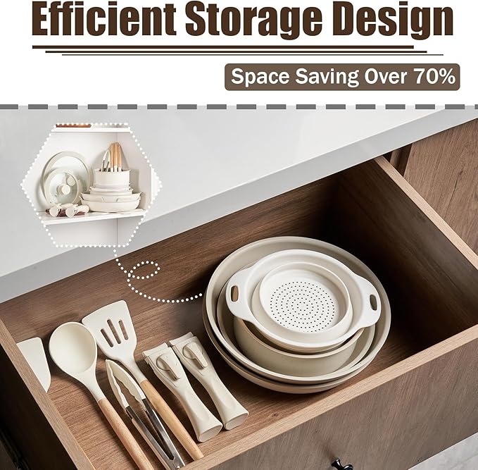 22Pcs Pots and Pans Set, Nonstick Cookware Sets, Cream White Induction Cookware Non Stick Ceramic Cooking Set with Frying Pans & Saucepans (PFOS, PFOA Free)