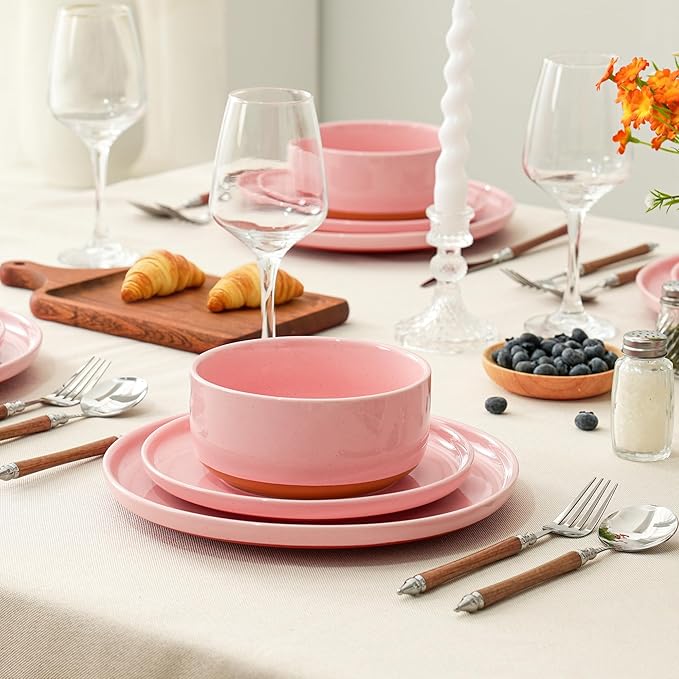 6 Piece Ceramic Dinnerware Set for 2, Modern Minimalist Stoneware Dinner Plates and Bowls, Microwave Safe, Dishwasher Safe, Versatile for All Seasons, Pink