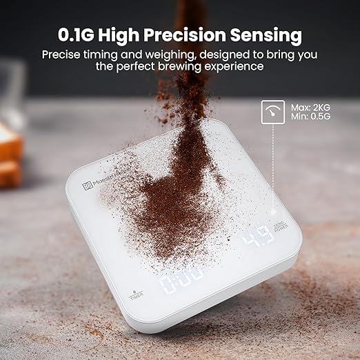 Rechargeable Mini Coffee Scale with Timer, Maestri House Espresso Scale, 2kg/0.1g Accurate Scale for Espresso and Pour-Over Coffee, Portable Digital Kitchen Scale with Automatic Timing（White）