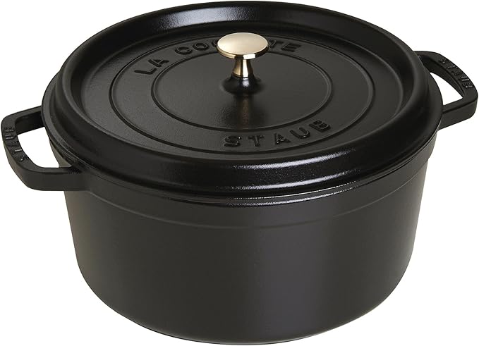 STAUB Cast Iron Dutch Oven 7-qt Round Cocotte, Serves 7- 8, Made in France, Black Matte
