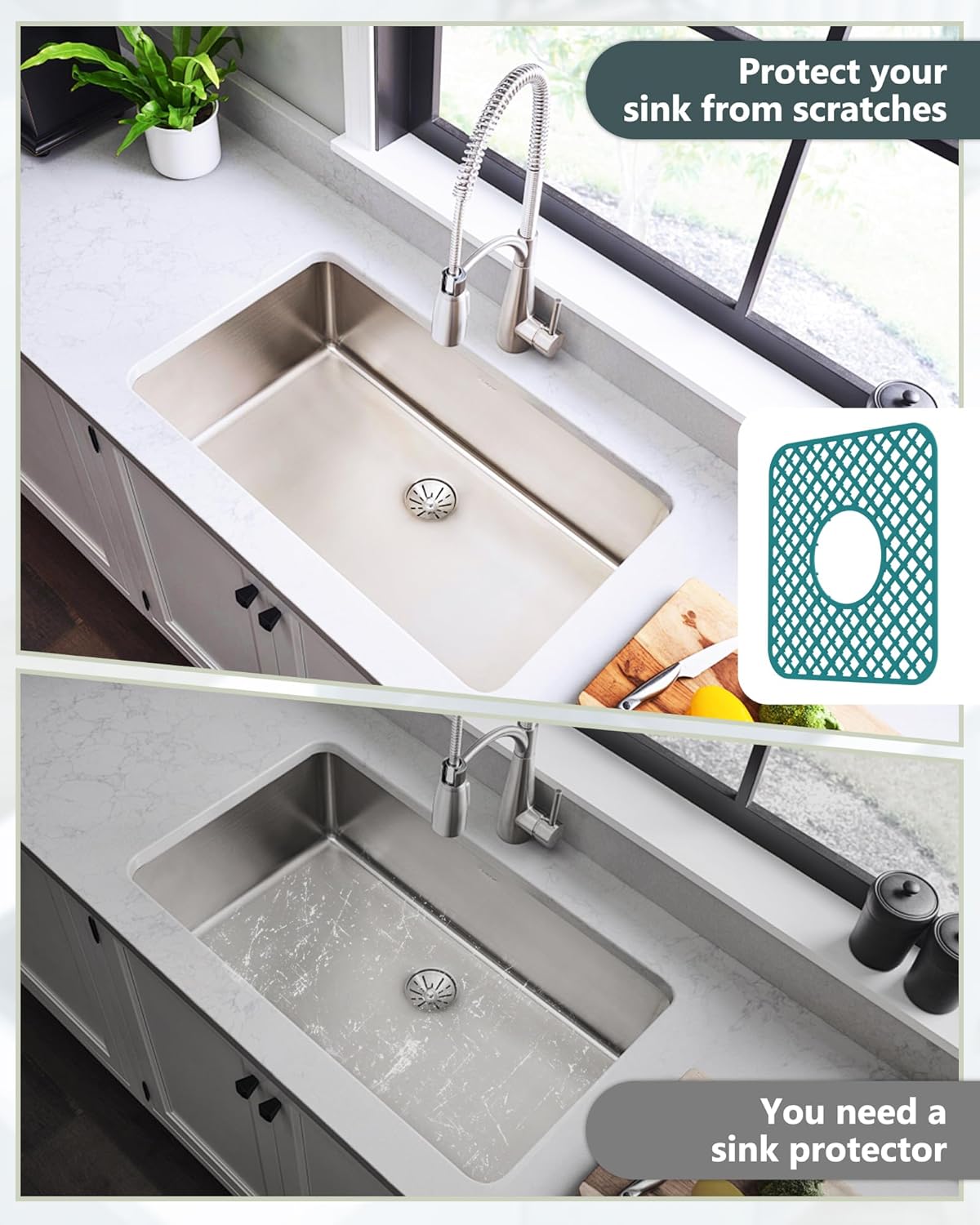 2 Pack Silicone Sink Protector for Kitchen Sink, Lozenge Pattern 13 x 11 inches Sink Grid Mat Silicone Protectors, Center Drain, Green