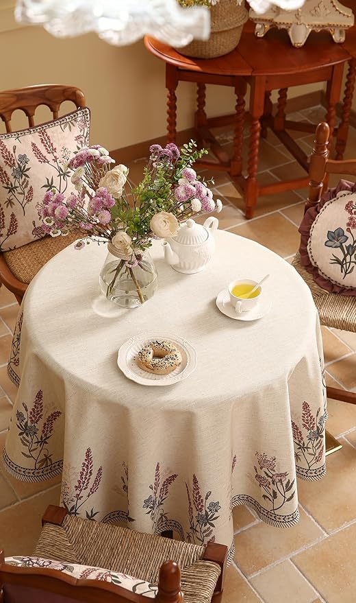 French Tablecloth for Round Tables,Linen Table Cloth with Colorful Flowers Pattern,Heavy Durable Table Cover for Dining Thanksgiving Kitchen Decor Party Christmas,Diameter 67"