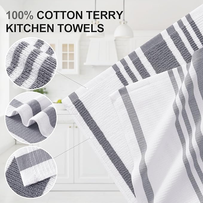 Homaxy Premium Kitchen Towels 18”x 28”, Large Cotton 380 GSM Kitchen Hand Towels, Stripe and Terry Dish Towel, Highly Absorbent Tea Towel Set with Hanging Loop, 6 Pack, Grey