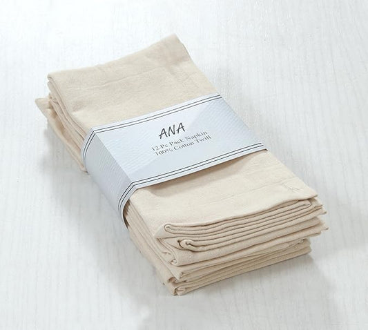 ANA Cloth Napkins Set of 12 (17.5x17.5) inch 100% Cotton Dinner Napkin Washable Hotel Quality Reusable Kitchen & Table Linen for Fall Thanksgiving Family Dinners Weddings & Everyday Use - Natural