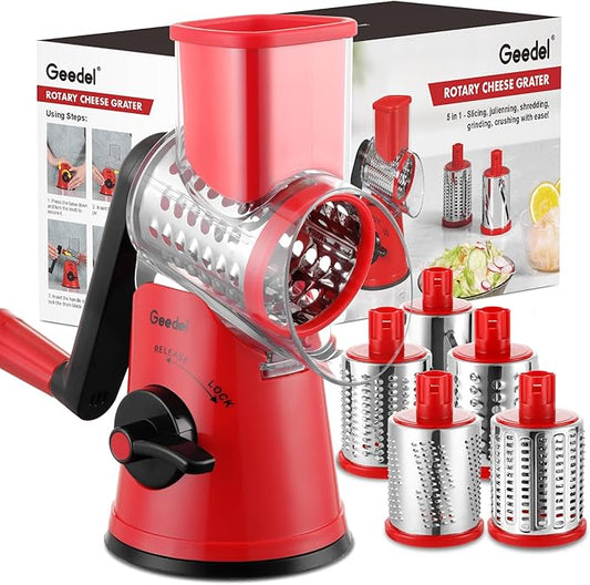 Geedel Rotary Cheese Grater Cheese Shredder - Upgraded 5-in-1 Cheese Grater with Handle and Strong Suction Base, Multi-purpose Vegetable Slicer Ice Shaver Nuts Grinder for Ice, Vegetables, Fruit, Nuts
