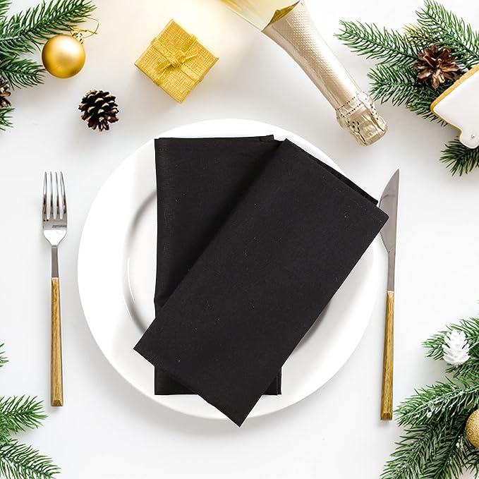 Ramanta Home Set of 12 Polyester Cloth Napkins 18x18 Inches - Washable Dinner Napkins with Hemmed Edges for Weddings, Thanksgiving, Hotel - Soft Durable Table Linen for Parties or Everyday Use - Black