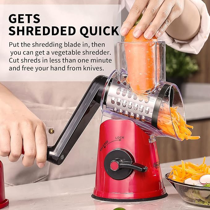 Rotary Cheese Grater, 3 in 1 Cheese Shredder Grater Rotary with Handle, Vegetable Mandoline Slicer Shredder for Vegetable, Cheese, Nut