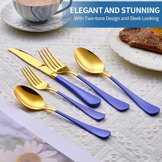 20-Piece Blue & Gold Silverware Set, 18/0 Stainless Steel Colorful Handle Flatware Set,Service for 4,Modern Cutlery Set Includes Dinner Knives Forks Spoons,Mirror Polished,Dishwasher Safe