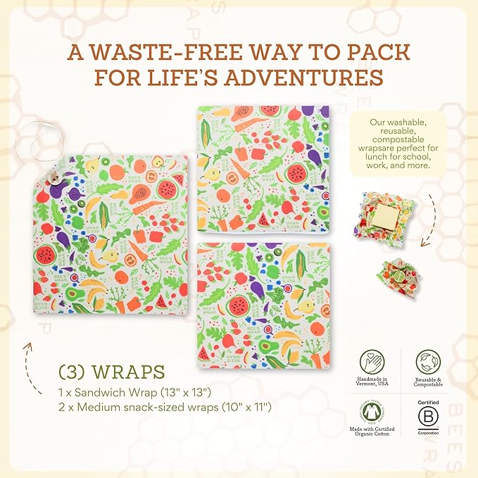 Bee's Wrap Beeswax Wraps for Food - Garden Party 3 Pack (2M 1 Sandwich) Made in USA Reusable & Organic Food Wraps, Sandwich Wrap - Eco-Friendly Alternative to Aluminum Foil & Plastic Wrap