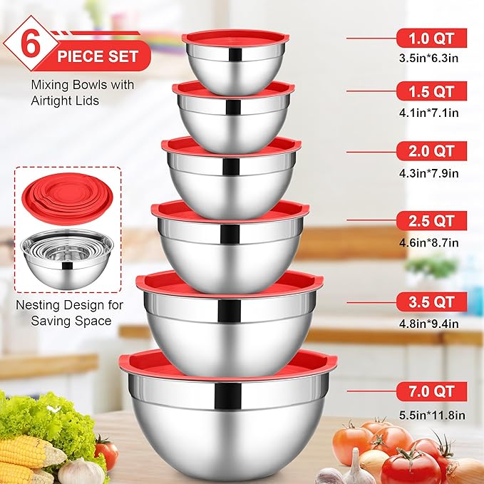 LIANYU 6 Pack Stainless Steel Mixing Bowls with Lids Sets, Large Size 7, 3.5, 2.5, 2, 1.5, 1QT, Metal Nesting Salad Bowl, Ideal for Kitchen Prepping, Cooking, Freezer Storage, Dishwasher Safe, Red