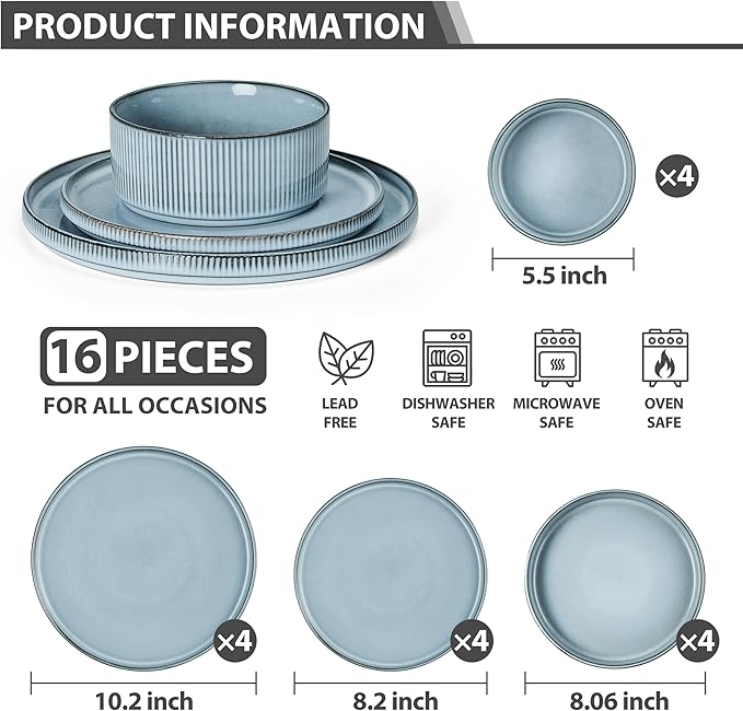 LIANYU Dinnerware Stoneware Sets with Pasta Bowls, 16 Piece Plates and Bowls Set for 4, Ribbed Dishes Set for Home, Microwave and Dishwasher Safe, Slate Blue