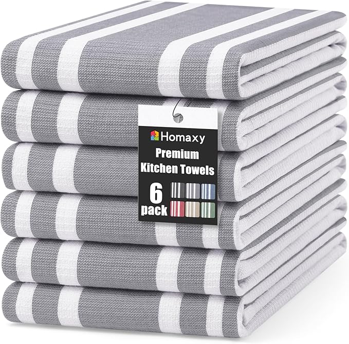 Homaxy Premium Kitchen Towels 18”x 28”, Large Cotton 380 GSM Kitchen Hand Towels, Stripe and Terry Dish Towel, Highly Absorbent Tea Towel Set with Hanging Loop, 6 Pack, Grey
