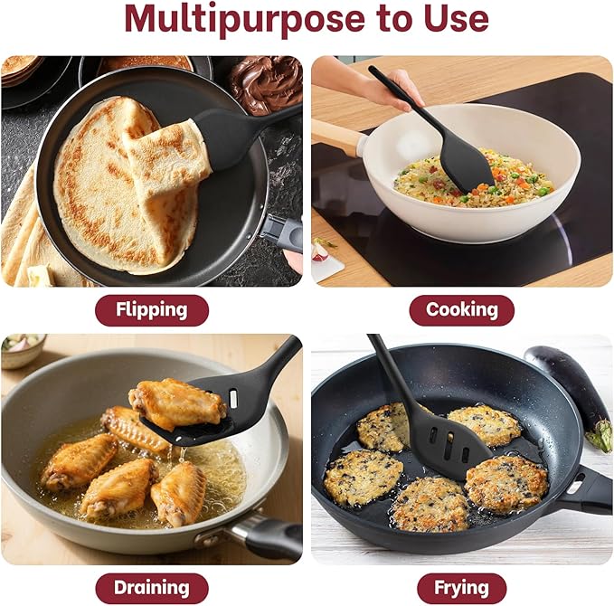 Silicone Spatula Set (BPA-Free), 600°F Heat Resistant Spatulas for Non-Stick Pans, 2 Pack Solid & Slotted Silicone Turner, One-Piece Cooking Spatula Turners for Kitchen Use, Black