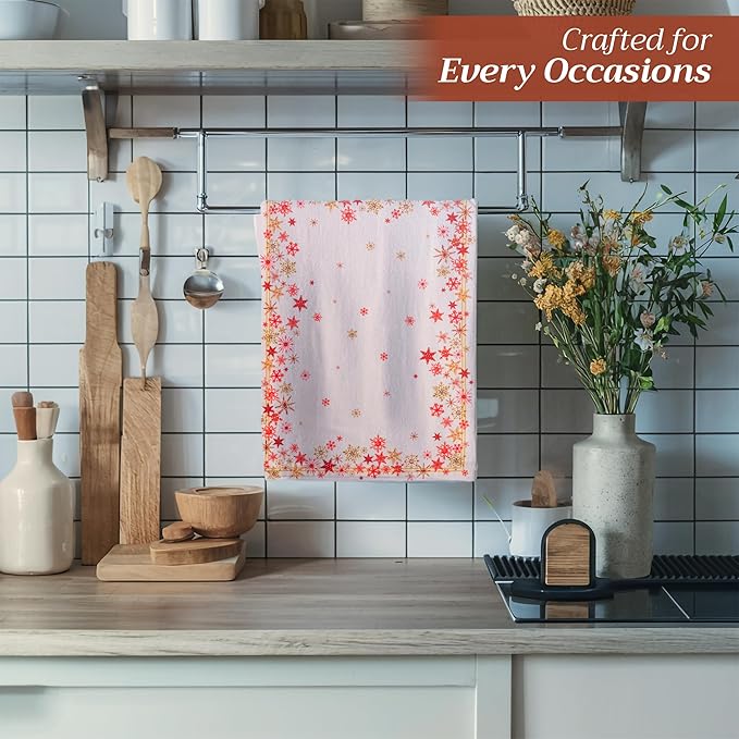 Maison d' Hermine Kitchen Towels Set of 3 100% Cotton 20" x 27.5" Reusable Cloth Tea Dish Towels Absorbent with Hanging Loop for Kitchen Dining Thanksgiving Christmas Decorations (Crystal Star)