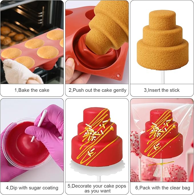 Silicone Cake Pop Molds with 100 Sticks & Parcel Bags, 6 Cavity Reusable Cakesicle Molds for Baking, Lollipops, Ice Cream, DIY Desserts, Cake Pop Maker Kit Easy Release & Dishwasher Safe