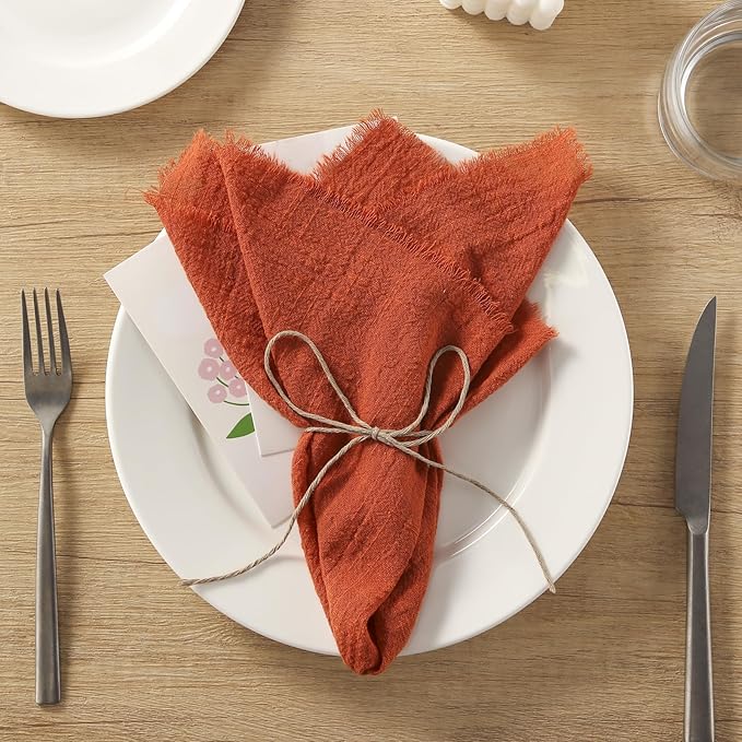 Handmade Cloth Napkins with Fringe, 100% Cotton Napkins, Delicate Handmade Linen Napkins for Dinners, Parties, Weddings and More, 17 x 17 Inch Set of 12 - Orange
