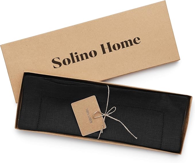 Solino Home Linen Placemats Set of 4 - Classic Hemstitch Black Placemats 14 x 19 Inch - 100% Pure Linen Table Mats for Fall, Autumn, Winter, Thanksgiving, Holiday, Christmas