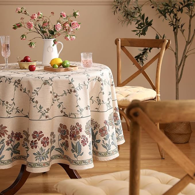patdrea Designer Floral Linen Table Cloth Durable Breathable Tabletop Cover Decorative Kitchen Dining Tablecloth for Round Tables for Kitchen Dining Parties,Holiday Christmas,Diameter 67"