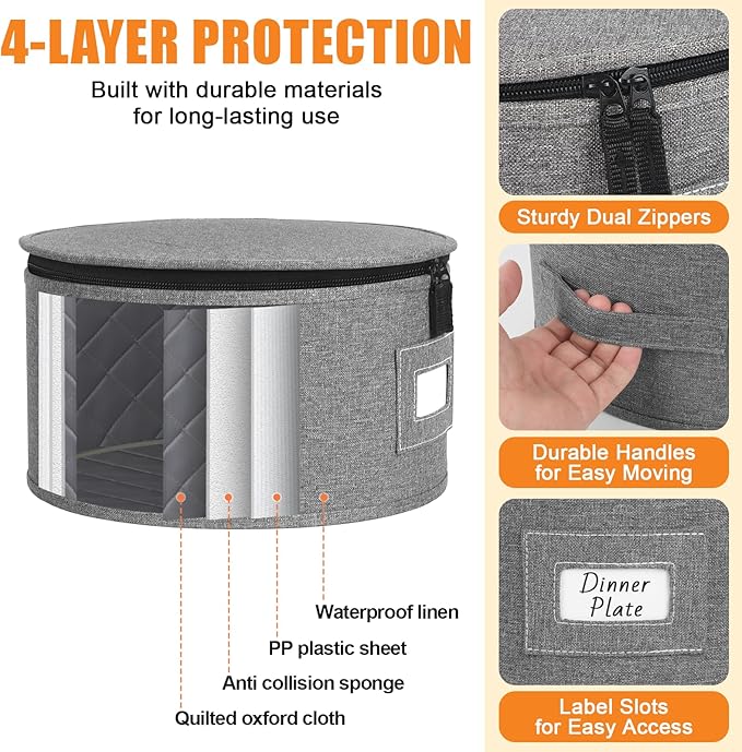 China Storage Containers, 4PCS Hard Shell Dish Storage Containers with Felt Dividers for Charger Plates Dinnerware, Moving Boxes for Dishes, Stackable Plate Storage Cases for 12 Place Setting