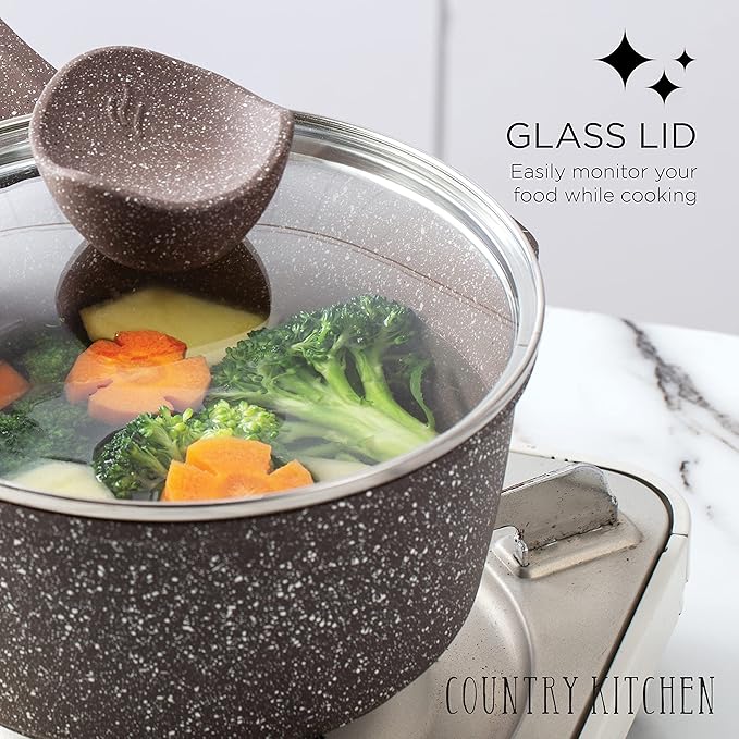 Country Kitchen Non-Stick Cast Aluminum Cookware Set - Durable Kitchen Cookware for Everyday Cooking, Chocolate Brown, 8 Pc.