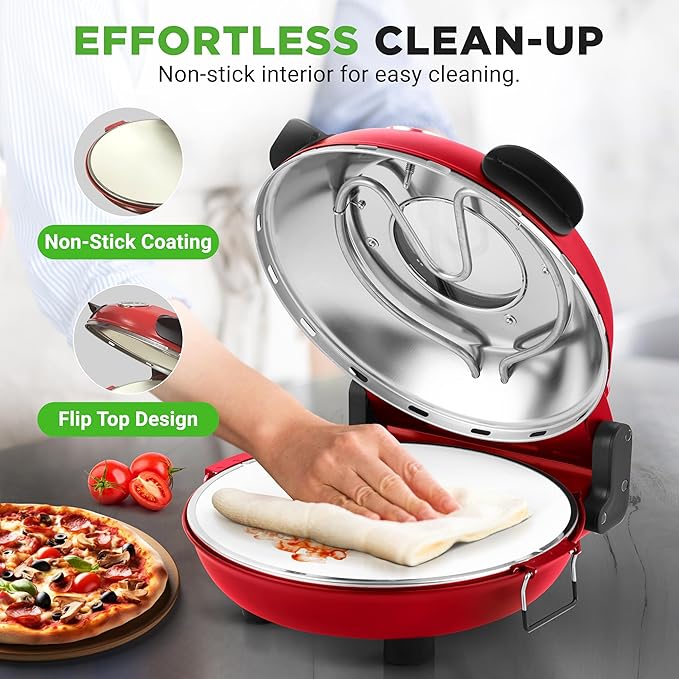 NutriChef Electric Pizza Oven | 1200W Countertop Pizza Maker with Temperature Control & Thermometer | Viewing Window for Precise Cooking | Heats up to 800˚F | Easy to Clean Non-Stick Coating | Red