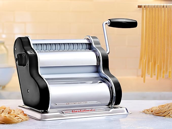 PASTALINDAClassic 200 Pasta Maker Machine, 20 cm Wide Rollers, 9 Thickness Positions, 2 Cutting Positions, Stainless Steel. Includes Reinforced Hand Crank And Two Clamps (Black)