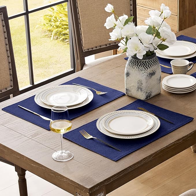 Romanstile Cloth Placemats Set of 6-12 x 18 Inch, Heat Resistant Double Layered Thickened Burlap Place Mats, Washable Faux Linen Farmhouse Table Mats for Kitchen/Dining/Party/Outdoor, Navy Blue