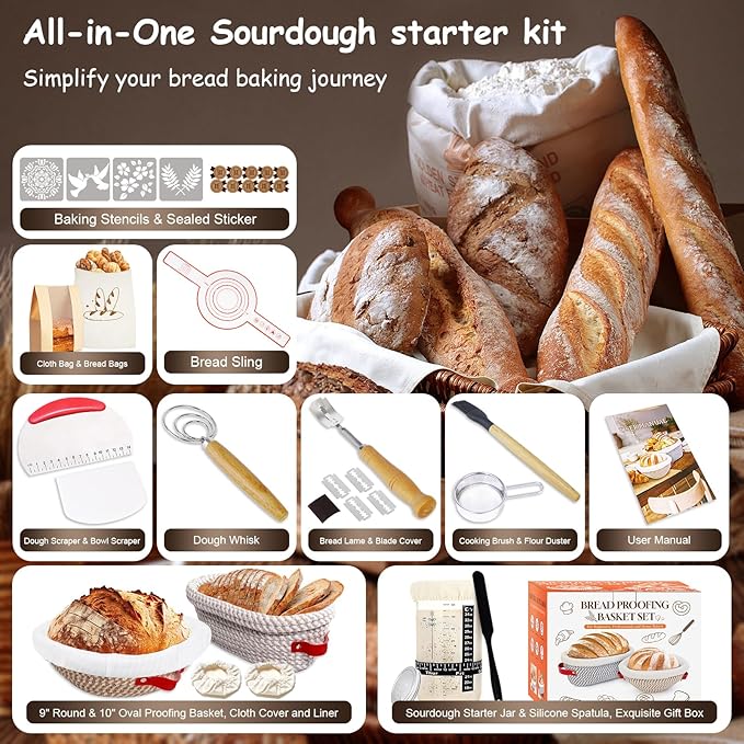 Sourdough Bread Baking Supplies Kit, 10" Oval & 9" Round Bread Proofing Basket Set Jar Scraper Scoring Lame Brush Short Danish Whisk, Sourdough Starter Kit Gift for Bread Making (Oval & Round & Jar)