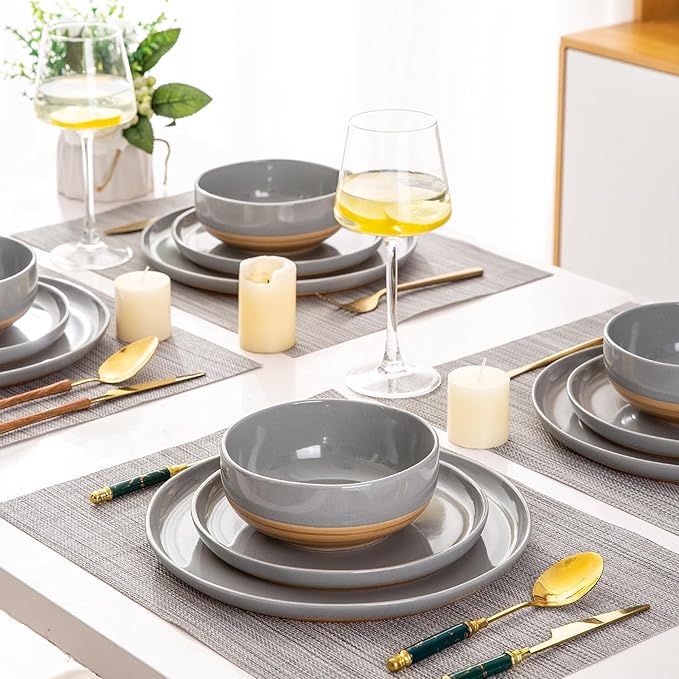 AmorArc Ceramic Dinnerware Sets for 6, 18 Pieces Handpainted Plates and Bowls Set with Rustic Terracotta Underside, Scratch Resistant Stoneware Dishes Set, Dishwasher & Microwave Safe, Gray