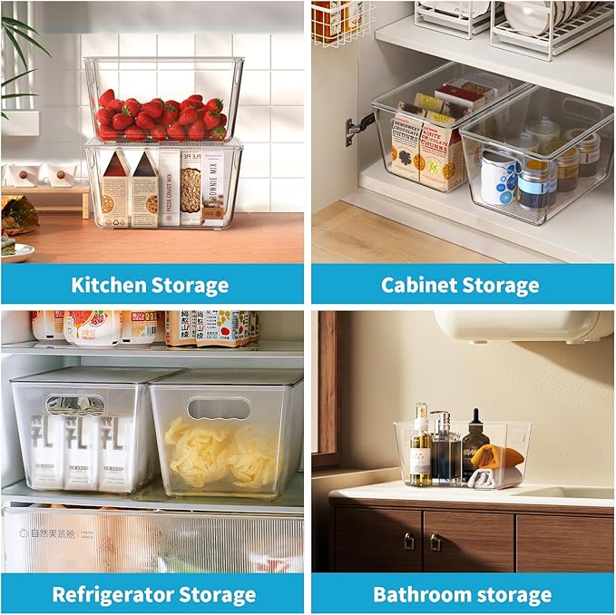 Clear Stackable Storage Bins, Pantry Organizers & Storage Containers, Cabinet Organizer, Home Organization Must Haves for Kitchen, Laundry Room, Office, Closet & Freezer (6 Pack with Lids)