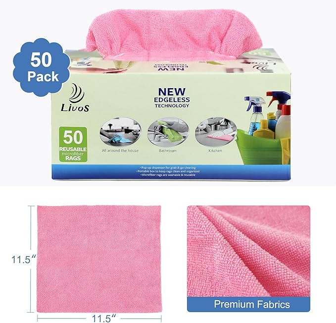 LIVOS 50 Pack Microfiber Cleaning Cloth in Box, Reusable Cleaning Rags, 11.5"x11.5", Edgeless Microfiber Wipes, Lint Free, Absorbent Shop Towels for Kitchen, Car, Glass (Pink)
