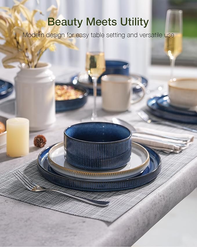 Famiware Star Dinnerware Set, Plates and Bowls Sets for 8 (24pcs), Ribbed Stoneware Dishes - Chip & Scratch Resistant, Microwave & Dishwasher Safe, Multicolor - Cappuccino White & Nebulas Blue